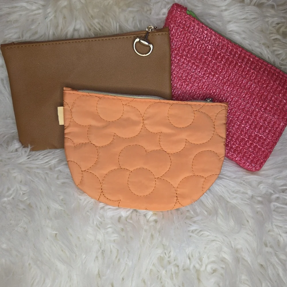Ipsy Set Of 3 Makeup Cosmetic Bags Pink Brown Orange